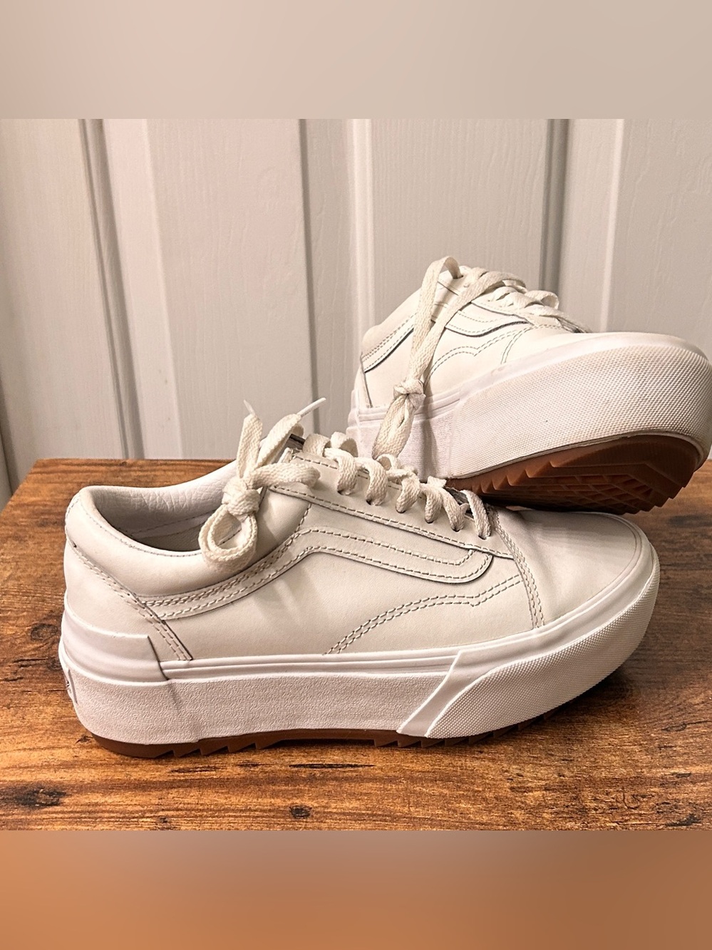 Vans Old Skool Stacked White Leather Platform Skate Shoes M:5 W:Size6.5